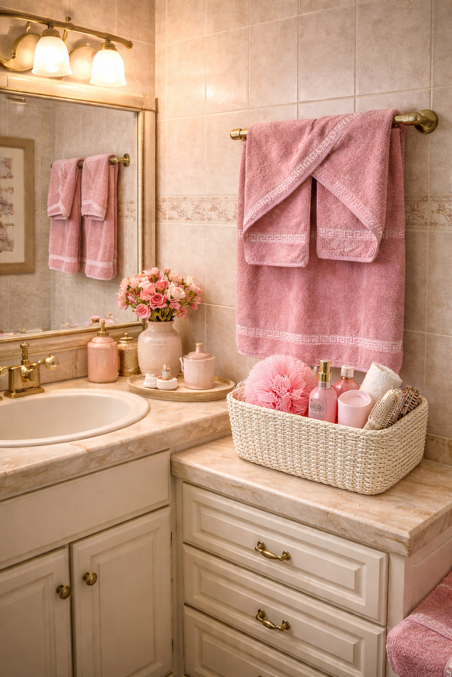 Vintage 1980s Set 5 Cannon Pink Greek Key Trim Bath Hand Towels and Wash Cloths